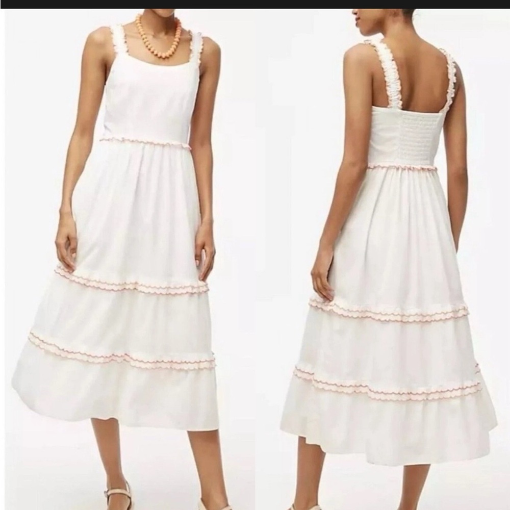 J. Crew Factory sz 8 White with Peach Trim Scalloped-trim midi dress
